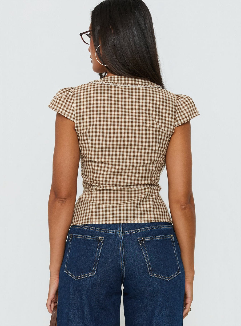 Bradlie Frill Detail Short Sleeve Blouse Top Chocolate Gingham